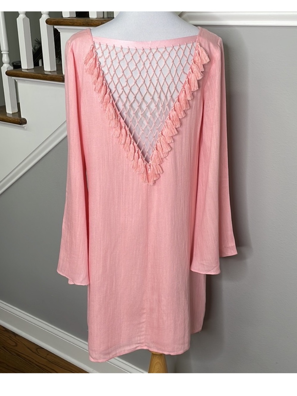 Traffic People Light Pink Bell Sleeve V-Neck Dress with Open Weave Tassels - Picture 4 of 5